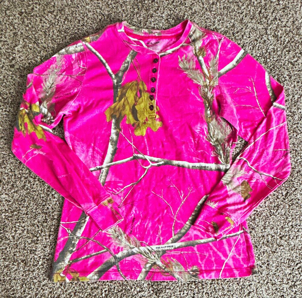 Realtree Girls Pink Camo Long Sleeve Henley T-Shirt M (8-10) Button Logo